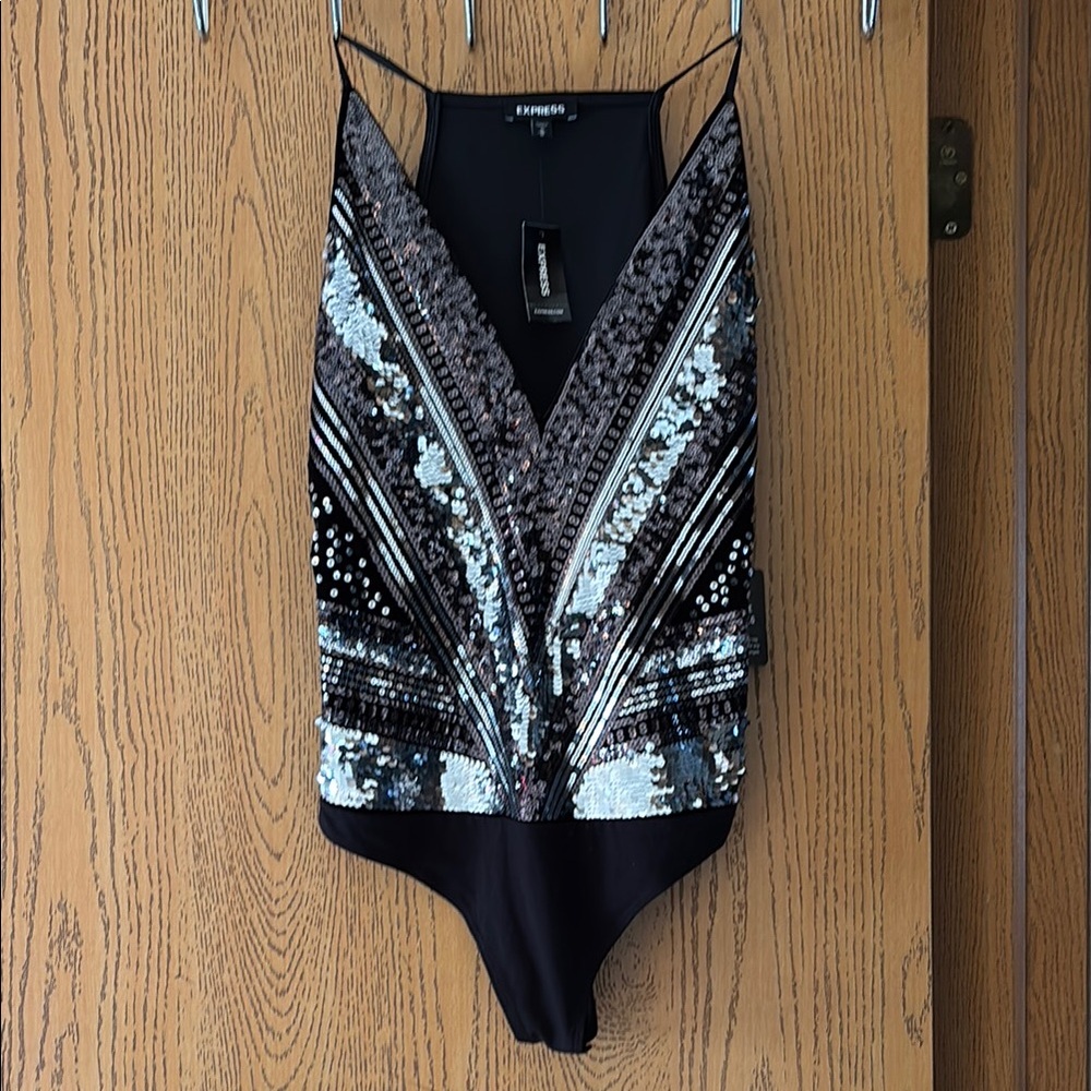 Express Black and Silver Sequin Bodysuit